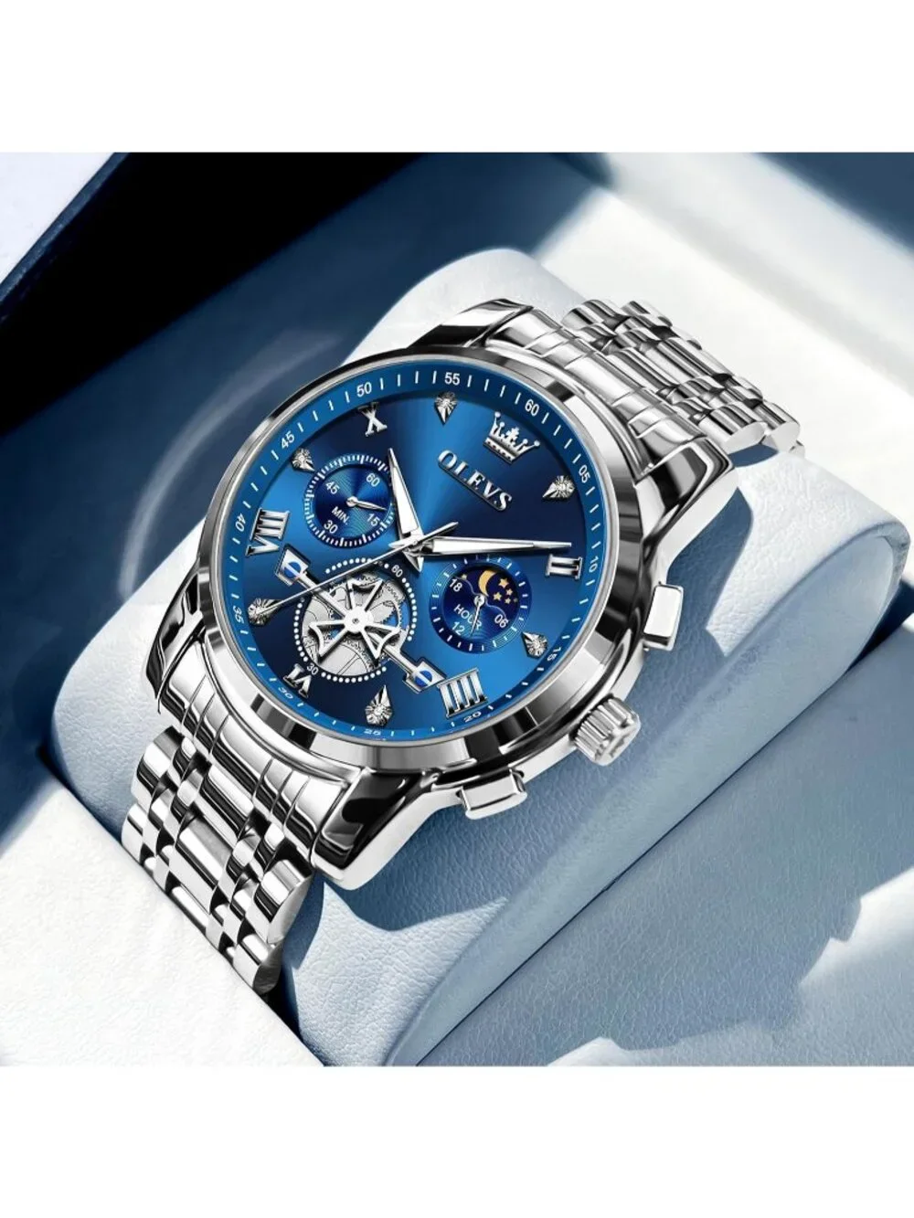 Men's Blue / Silver Stainless Steel Chronograph Waterproof Quartz Dress Watch